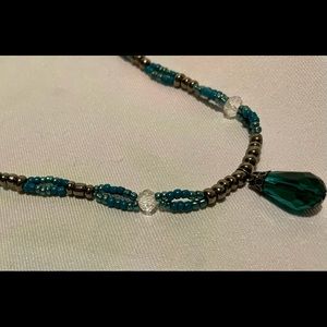 Hand-beaded, handmade necklace w/ faux turquoise crystal drop centre